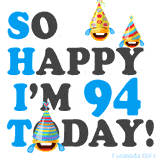 A fun birthday animation celebrating turning 94 with colorful party hats, smiling faces, and cheerful emojis.
