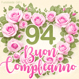 GIF per il 94° compleanno con un cuore di rose rosa e scritta elegante