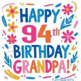 A cheerful, hand-drawn style animation wishing 'Happy 94th Birthday Grandpa!'. The colorful, playful text is surrounded by a wreath of pink, yellow, and blue flowers that shimmer softly.