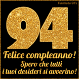 Un GIF animato per un 94° compleanno, Presenta il testo 'Buon Compleanno 94' su uno sfondo giallo vivo con palloncini colorati, festoni e una pioggia di coriandoli.