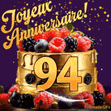 Une animation de célébration d'un gâteau de 94ème anniversaire, Des étoiles dorées tombent du ciel, mettant en valeur le texte 'Joyeux Anniversaire !' et le nombre doré 94 à l'avant du gâteau.