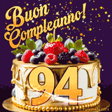 Un GIF animato di una bellissima torta per il 94° compleanno con glassa dorata e frutti di bosco freschi, Il numero dorato 94 è davanti, e stelle cadono su uno sfondo viola scuro.