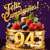 Una animación de celebración de una tarta para el 94º cumpleaños, Estrellas doradas caen del cielo, destacando el texto '¡Feliz Cumpleaños!' y el número dorado 94 en la tarta.