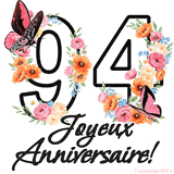 Ce GIF de Joyeux 94ème Anniversaire présente le nombre vingt rempli d'un bouquet vibrant de fleurs animées, avec des papillons qui bougent doucement sur un fond blanc.