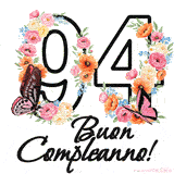 Questo GIF di Buon 94° Compleanno mostra il numero venti riempito con un vibrante bouquet di fiori animati, con farfalle che si muovono dolcemente su uno sfondo bianco.