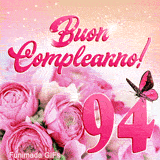Buon compleanno 94 anni in questa GIF festosa con rose rosa, numero rosa e luci stellate animate che brillano intensamente.
