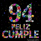 Gráfico detallado del número 94 y la frase FELIZ CUMPLE desarrollados con piedras preciosas de gran colorido frente a un fondo estrellado negro.
