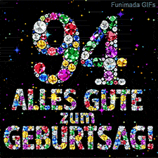 Auf dunklem Grund erstrahlen die Zahl 94 und Alles Gute zum Geburtstag, geformt aus bunten Diamanten inmitten von glitzernden Funken.
