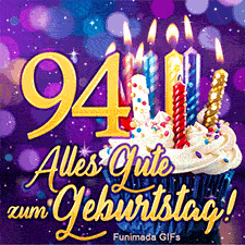 Ein blauer Cupcake mit brennenden Kerzen und die goldene 94. Darunter befindet sich der kursive Glückwunsch vor einem funkelnden lila Grund.