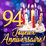 Animation Joyeux Anniversaire 94 ans avec le chiffre 94 en or, un gâteau de fête et un décor bokeh étincelant.