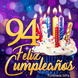 Animación de Feliz Cumpleaños 94 años con el número 94 en oro, una tarta de fiesta y escenario bokeh brillante.