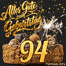 Goldsterne regnen auf einen Schokoladenkuchen mit der Zahl 94 herab. Im Zentrum leuchtet eine Wunderkerze neben dem goldenen Glückwunsch.