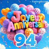 Des ballons colorés à pois et à rayures dérivant dans la brise. Le texte 3D Joyeux Anniversaire figure au-dessus du grand chiffre bleu 94.