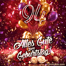 Schwebende Ballons Geschenkboxen und rot-weiße Rosen umgeben die große goldene 94 während Alles Gute zum Geburtstag und schimmerndes Konfetti eine helle Grußbotschaft schaffen