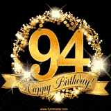 A golden 94th birthday GIF features a decorative circle and ribbon. The design sparkles with light and gold accents against a black background.