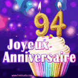 GIF animé joyeux anniversaire pour 94 ans avec un cupcake coloré, des bougies dorées en forme de 94 et un fond violet scintillant.