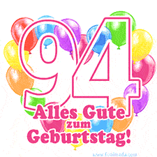 Ein verspieltes animiertes Geburtstags-GIF mit bunten Ballons in Herzform und der Zahl 94.