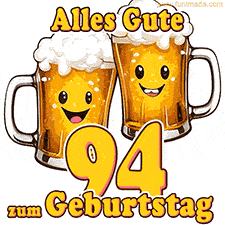 Zwei lustige Bierkrüge mit fröhlichen Gesichtern hüpfen auf und ab. Der Text lautet 'Alles Gute zum 94. Geburtstag'.