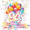 Animiertes Konfetti, mehrfarbige Luftballons und eine Geschenkbox in einem fröhlichen GIF zum 94. Geburtstag