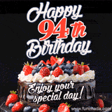A birthday greeting card image. It features a chocolate cake with berries and the text 'Happy 94th Birthday. Enjoy your special day!'