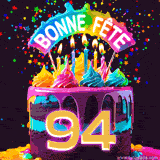 GIF animé pour un 94e anniversaire avec un gâteau au chocolat recouvert de glaçage arc-en-ciel, des bougies allumées, et le texte 'Bonne Fête' sur un fond étoilé et festif.