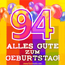 Große Zahl 35 in Umrissschrift, die Worte 'Alles Gute zum 94. Geburtstag', mehrfarbige animierte Ballons und lebendiger Hintergrund.