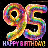 Shiny number 95 birthday celebration balloons with an iridescent glow and glitter on a black background with twinkling stars.