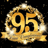 Il numero 95 è circondato da un anello dorato brillante, accompagnato da un nastro elegante con la scritta 'Buon Compleanno!' su uno sfondo scuro.