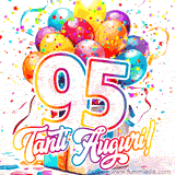 Animazione con palloncini colorati e scintillanti, accompagnata dal numero 95 in caratteri grandi e luminosi, e la scritta 'Tanti Auguri!' in stile vivace.