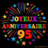 GIF animé 'Joyeux Anniversaire 95' avec des lettres colorées et des feux d'artifice éclatants