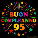 GIF animata 'Buon Compleanno 95' con lettere colorate e fuochi d'artificio