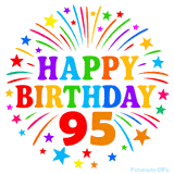 Festive 'Happy Birthday 95' animated GIF with rainbow-colored letters surrounded by fireworks and stars
