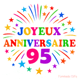 GIF animé joyeux anniversaire 95 ans avec étoiles multicolores et feu d’artifice