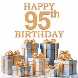 Festive animated eCard with elegant 'Happy 95th Birthday' text above a pile of luxurious blue, white, and gold gift boxes and presents.