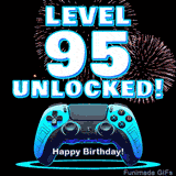Animated GIF for a 95 birthday. The text 'Level 95 Unlocked!' and 'Happy Birthday!' are displayed over a blue video game controller with exploding fireworks in the background.