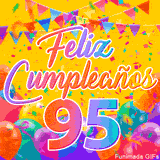Un GIF animado para un 95º cumpleaños, Muestra el texto 'Feliz Cumpleaños 95' sobre un fondo amarillo vibrante con globos de colores, banderines y una lluvia de confeti.