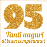 GIF animata per un 95° compleanno, Mostra il numero 95 in grandi caratteri dorati pieni di glitter scintillante, Sotto, la scritta 'Tanti auguri di buon compleanno!' in un elegante oro.