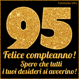 Un GIF animato per un 95° compleanno, Presenta il testo 'Buon Compleanno 95' su uno sfondo giallo vivo con palloncini colorati, festoni e una pioggia di coriandoli.