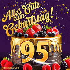 Eine köstlich aussehende animierte Geburtstagskarte für den 95. Geburtstag, dekoriert mit Erdbeeren, Blaubeeren und goldenen Details, Sterne funkeln und fallen, mit 'Alles Gute zum Geburtstag!'-Text.