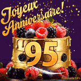 Une animation de célébration d'un gâteau de 95ème anniversaire, Des étoiles dorées tombent du ciel, mettant en valeur le texte 'Joyeux Anniversaire !' et le nombre doré 95 à l'avant du gâteau.