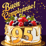 Un GIF animato di una bellissima torta per il 95° compleanno con glassa dorata e frutti di bosco freschi, Il numero dorato 95 è davanti, e stelle cadono su uno sfondo viola scuro.