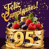 Una animación de celebración de una tarta para el 95º cumpleaños, Estrellas doradas caen del cielo, destacando el texto '¡Feliz Cumpleaños!' y el número dorado 95 en la tarta.