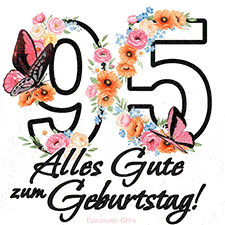Ein florales GIF zum 95. Geburtstag. Die Zahl '95' ist von animierten Blumen und Schmetterlingen umgeben und bietet eine schöne und fröhliche Art, den Meilenstein zu feiern.