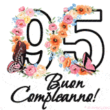 Questo GIF di Buon 95° Compleanno mostra il numero venti riempito con un vibrante bouquet di fiori animati, con farfalle che si muovono dolcemente su uno sfondo bianco.