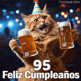 Felino rubio con cara de asombro llevando un sombrero festivo y sosteniendo bebida de malta. Fondo iluminado y el texto 95 Feliz Cumpleaños.