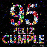 Diseño que ilustra el número 95 y el texto FELIZ CUMPLE mediante la unión de cristales de colores vivos sobre fondo oscuro con puntos luminosos.