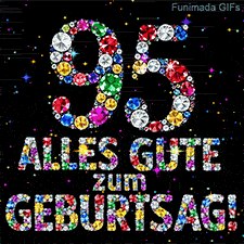 Verschiedenfarbige Kristalle bilden die Ziffer 95 sowie die Worte Alles Gute zum Geburtstag auf einem schwarzen, sternengefüllten Hintergrund.
