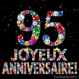 Le chiffre 95 et l'expression Joyeux Anniversaire dessinés par des pierres précieuses brillantes sur un fond noir avec de petites étoiles lumineuses.