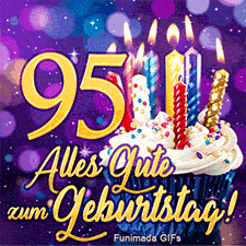 Die goldene Zahl 95 neben einem verzierten Muffin mit leuchtenden Kerzen. Im unteren Bildbereich steht 'Alles Gute zum Geburtstag!' auf Violett.