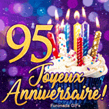 GIF formidable cap 95 ans : le chiffre 95 d'or brillant à côté d'un gâteau illuminé de bougies féeriques.